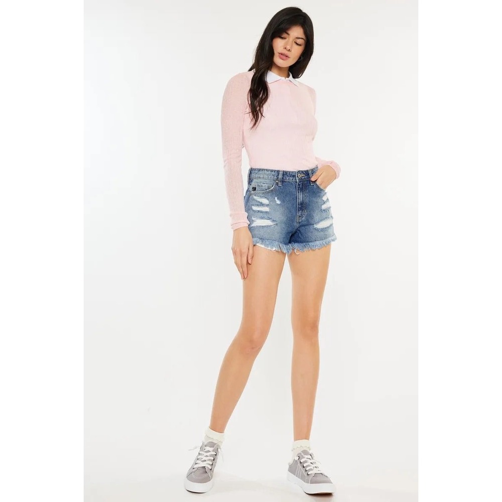 KanCan High Rise Distressed Denim Shorts Rainbow Thread Medium Wash KC9225M 5/26